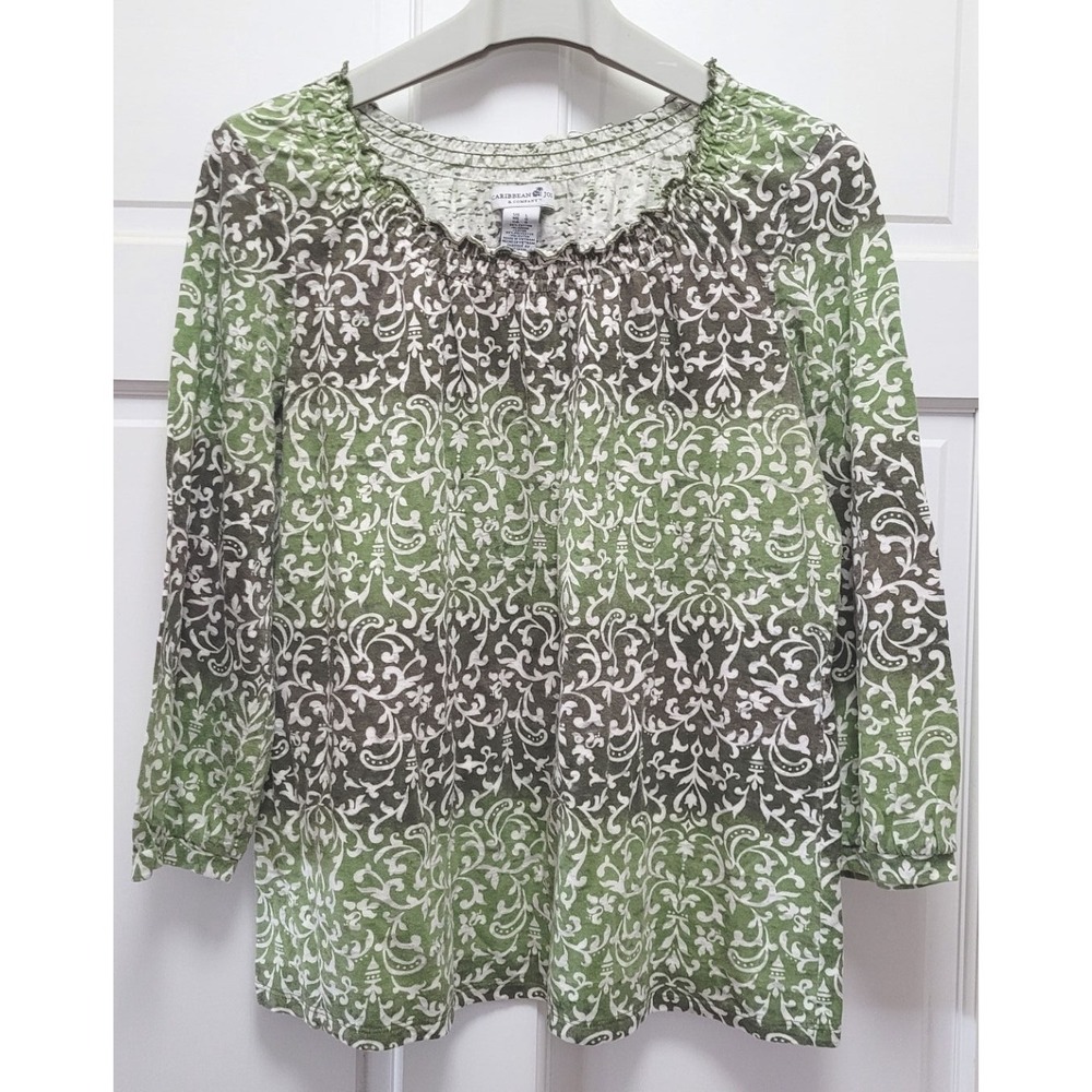 Caribbean Joe Women's Paisley Ombre 3/4 Sleeve T-Shirt Top - Green - Large